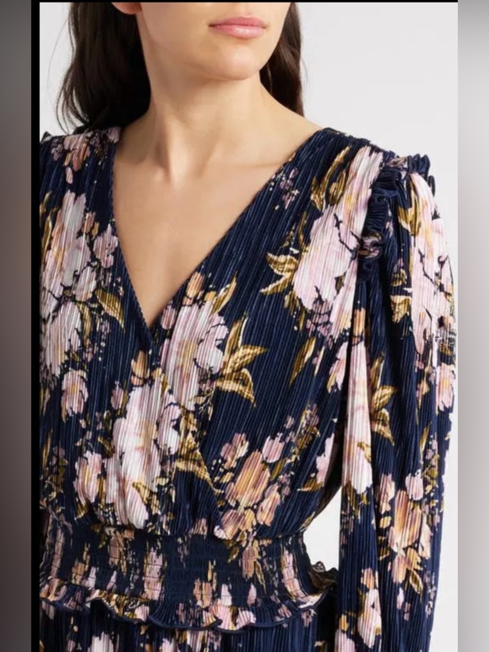 👗NWT Chelsea28 Sydney Floral V-Neck Plisse Tiered Long-Sleeved Minidress Size S